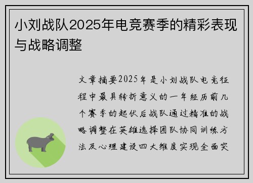 小刘战队2025年电竞赛季的精彩表现与战略调整