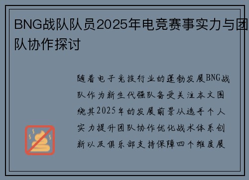 BNG战队队员2025年电竞赛事实力与团队协作探讨
